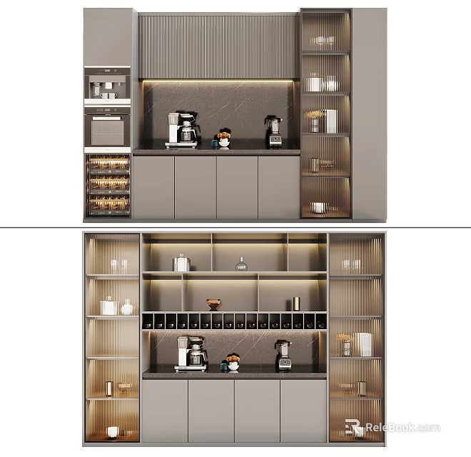 Modern Wine Cabinet Design With Open Shelves Coffee Makers Cups And Wine Bottles 3d model 