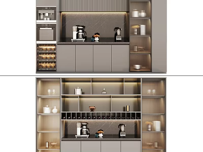 Modern Wine Cabinet Design With Open Shelves Coffee Makers Cups And Wine Bottles 3d model