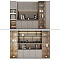 Modern Wine Cabinet Design With Open Shelves Coffee Makers Cups And Wine Bottles