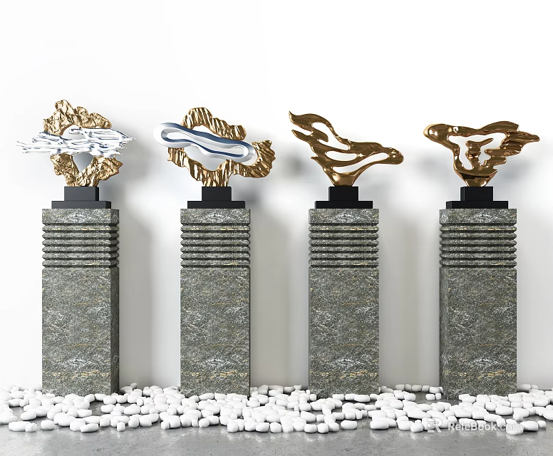 Decorative Ornament Set with Golden Abstract Top Grey Stone Base and White Pebbles 3d model 
