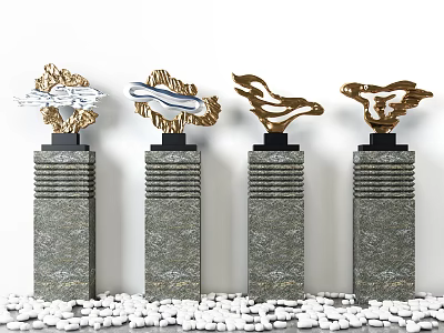 Decorative Ornament Set with Golden Abstract Top Grey Stone Base and White Pebbles 3d model