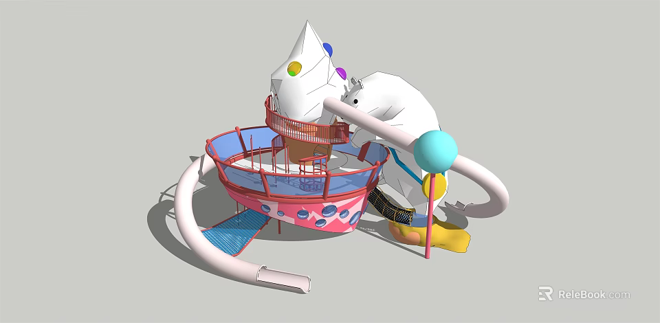 Colorful Playground Equipment With Ice Cream Cone Top Slide Circular Platform And Balls 3d model 