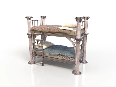 Classic Metal Bunk Bed With Upper And Lower Mattresses Ornate Frame And Decorative Posts 3d model
