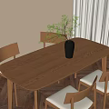 Natural Wooden Dining Table With Four Chairs Vase Green Plant And Sunlight Through Window