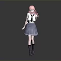 Game Anime Character With Pink Hair White Shirt Black Tie And Gray Pleated Skirt