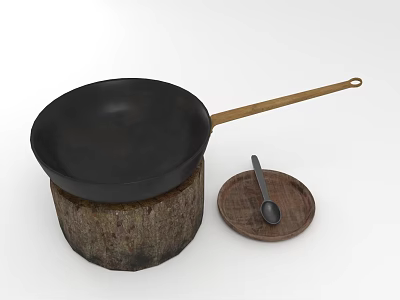 Practical Kitchen Household Items Including Frying Pan Wooden Handle Tray And Spoon 3d model