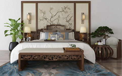 New Chinese background double bed 3d model