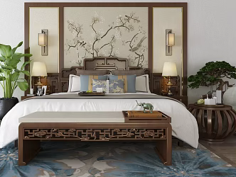 New Chinese background double bed 3d model