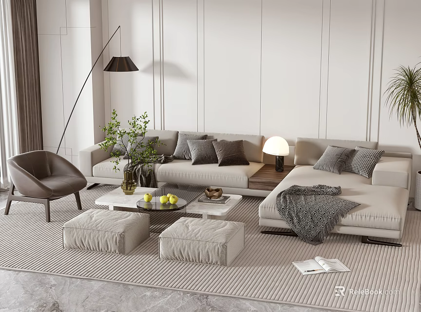 Modern Sofa and Coffee Table Set with Gray Cushions Ottoman Floor Lamp and Striped Rug 3d model 