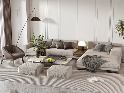 Modern Sofa and Coffee Table Set with Gray Cushions Ottoman Floor Lamp and Striped Rug 3d model