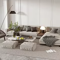 Modern Sofa and Coffee Table Set with Gray Cushions Ottoman Floor Lamp and Striped Rug