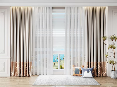 Elegant Modern Curtains In Living Room Interior With Sheer Panels Natural Light And Plants 3d model