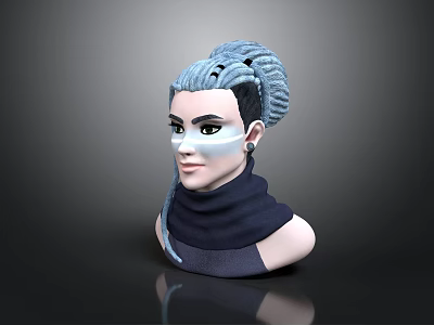 3D Model Woman with Blue Gray Braided Hair and Light Face Paint in Dark Turtleneck 3d model