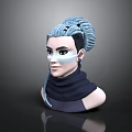 3D Model Woman with Blue Gray Braided Hair and Light Face Paint in Dark Turtleneck