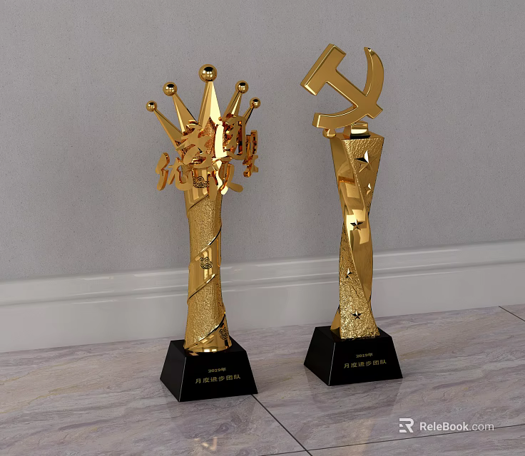 Golden Trophies with Crown Design and Hammer Sickle on Black Bases Marble Floor Gray Wall 3d model 