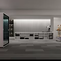 Modern Interior Display Area Featuring White Curved Wall Gray Curtains Black Armchair And Pendant Lights