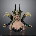 Fantasy Woman Sculpture With Blonde Hair Green Gold Horned Headdress Dramatic Makeup And Colorful Wings