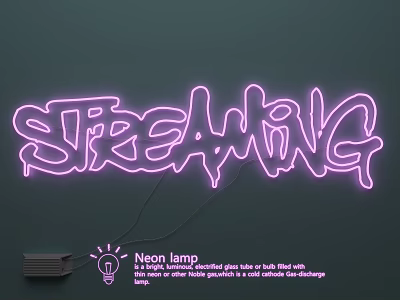 Neon Lamp Combination Featuring Pink Streaming Word Design On Dark Wall And Books Stack 3d model