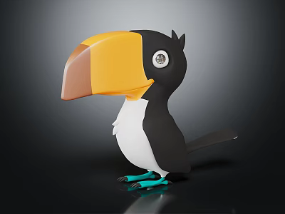 Cute Cartoon Toucan 3D Character With Yellow Orange Beak Black White Body And Turquoise Feet 3d model
