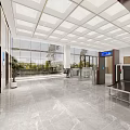Modern Front Desk Reception Featuring Marble Floor Wooden Shelves White Grid Ceiling And Logo Wall