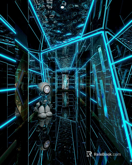 Futuristic KTV Corridor With Blue Neon Lines Mirrored Walls Reflective Floors And White Robot Doll 3d model 