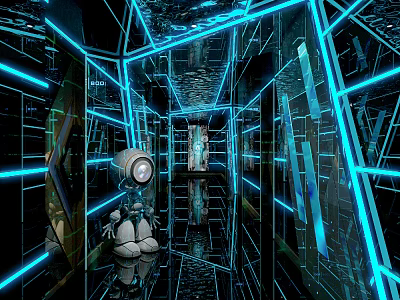 Futuristic KTV Corridor With Blue Neon Lines Mirrored Walls Reflective Floors And White Robot Doll 3d model