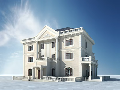 European Style Detached Villa With Cream Colored Exterior And Balconies Under Blue Sky 3d model