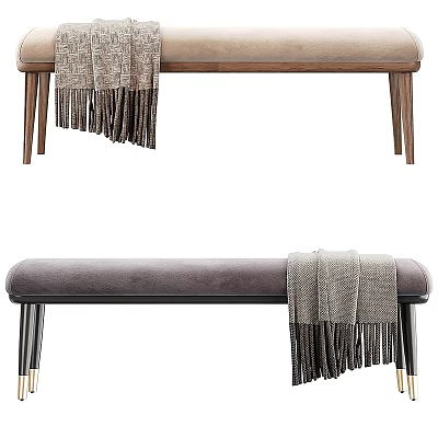 Elegant Upholstered Bench With Wooden Metal Legs And Fringed Throw Blanket 3d model