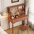Wooden Decorative Cabinet with Round Mirror Multilayer Shelves Displaying Vase Skincare Decorations and Wooden Chair