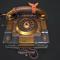 Vintage Digital Telephone With Retro Copper Accents Wooden Elements Rotary Dial Red Ribbon Decorative Beads