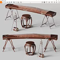 Traditional Chinese Musical Instruments With Guzheng Erhu Wooden Stool And Stand Setup