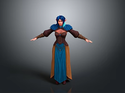 3D Fantasy Character With Blue Hair Blue Brown Long Dress Corset And Shoulder Decorations 3d model