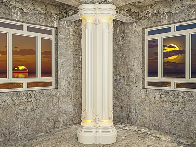 White Decorative Column With Illuminated Base In Rough Wall Room With Sunset Windows 3d model