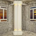White Decorative Column With Illuminated Base In Rough Wall Room With Sunset Windows 3d model