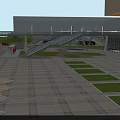 Modern Pedestrian Bridge With Staircases Connecting Buildings And Green Plaza Areas