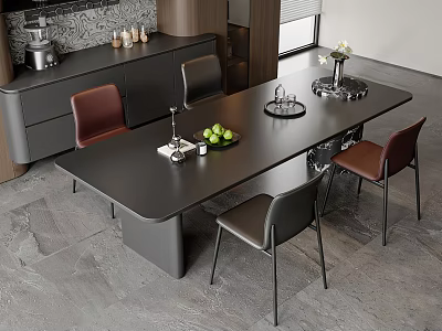 Modern Black Rectangular Dining Table Set with Four Brown Chairs and Green Apples Vase Decorations 3d model
