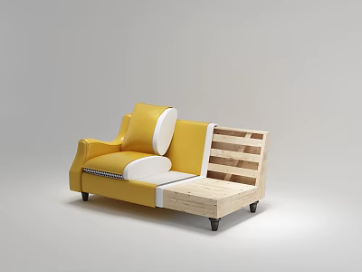 Yellow Modern Modular Sofa With Wooden Panel Structure And Upholstered Seats 3d model