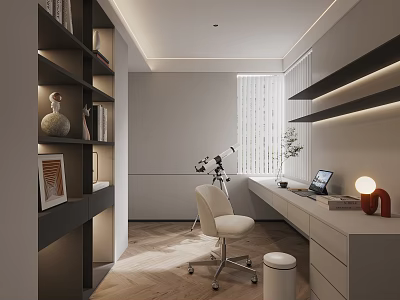 Modern Study Interior With Built in Shelves Office Chair Desk And Lighting 3d model