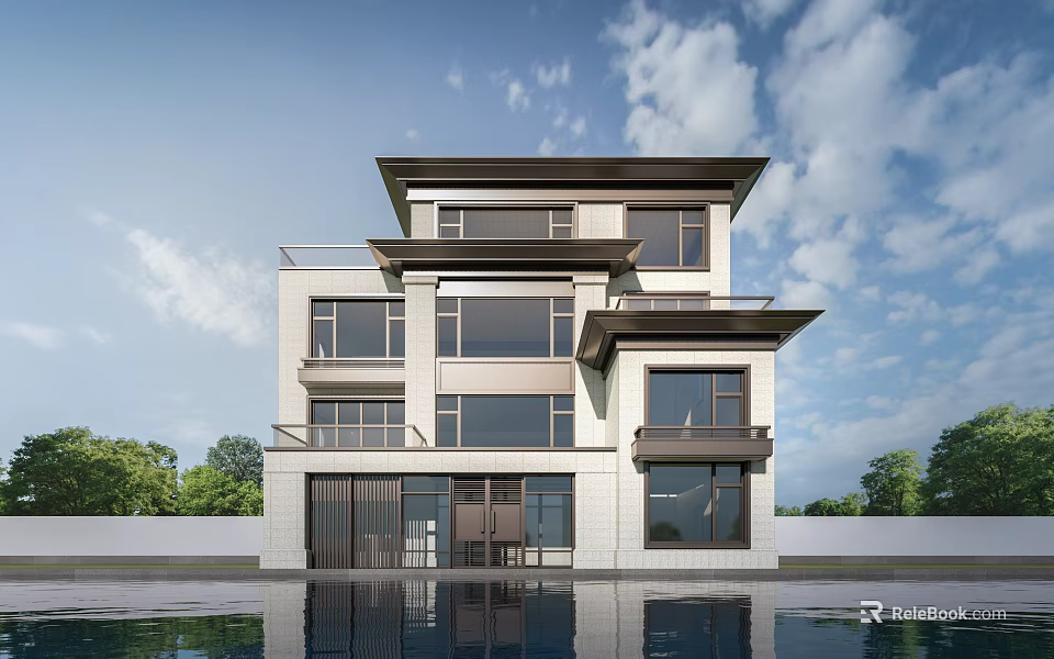 Modern Detached Villa Exterior Design With Glass Windows Balcony And Pool Reflection 3d model 