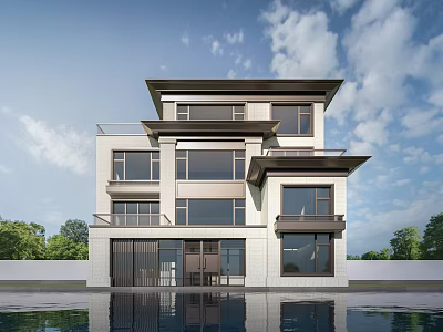 Modern Detached Villa Exterior Design With Glass Windows Balcony And Pool Reflection 3d model