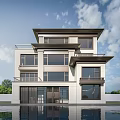 Modern Detached Villa Exterior Design With Glass Windows Balcony And Pool Reflection
