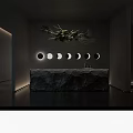Front Desk Reception With Modern Stone Countertop Circular Lights On Background Wall And Hanging Plant
