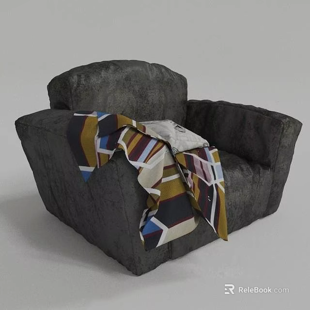 Gray Single Sofa With Soft Multicolored Geometric Patterned Throw Blanket 3d model 