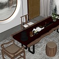 New Chinese Tea Table and Chair Background Wall Single Sofa 3d model