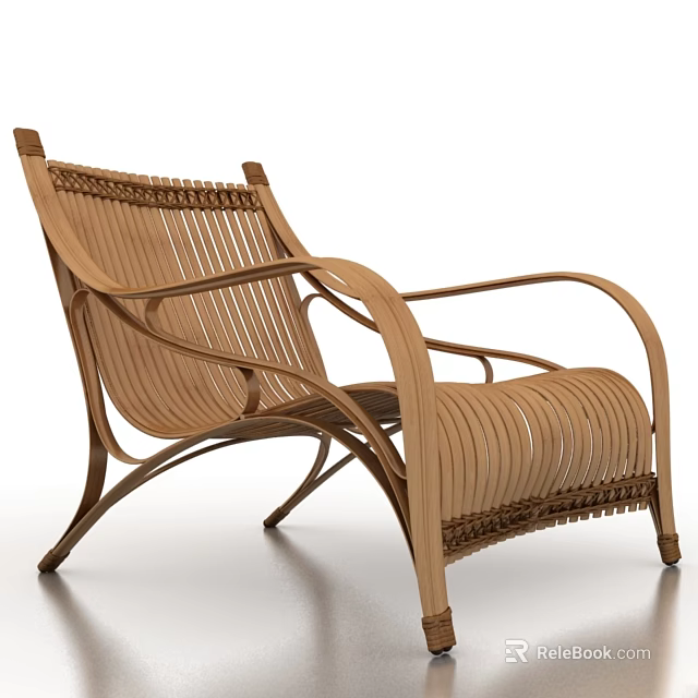 Comfortable Outdoor Chair With Woven Rattan Seat And Curved Wooden Frame Design 3d model 