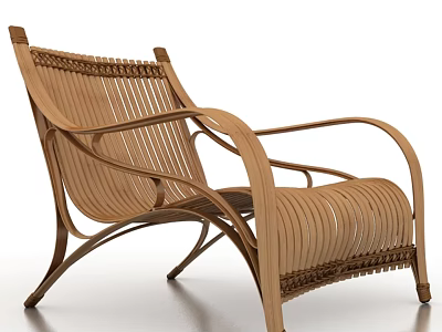 Comfortable Outdoor Chair With Woven Rattan Seat And Curved Wooden Frame Design 3d model