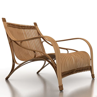 Comfortable Outdoor Chair With Woven Rattan Seat And Curved Wooden Frame Design 3d model
