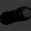 Futuristic Sci Fi Weapon Black Metallic Body with Orange Accent Sleek Cylindrical Blue Glowing Details