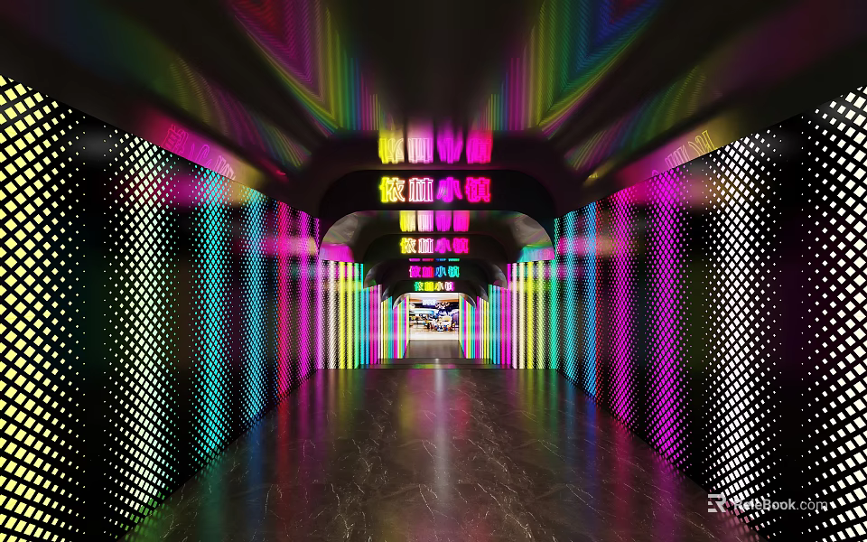Modern Colorful Illuminated Corridor Interior With Neon Lights And Perforated Walls 3d model 