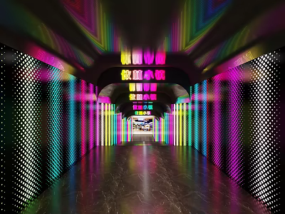 Modern Colorful Illuminated Corridor Interior With Neon Lights And Perforated Walls 3d model